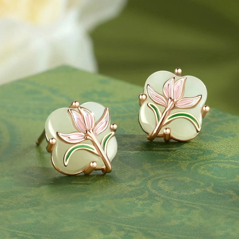 Hetian jade four leaf clover stud earrings with rose gold plating detail and magnolia butterfly design