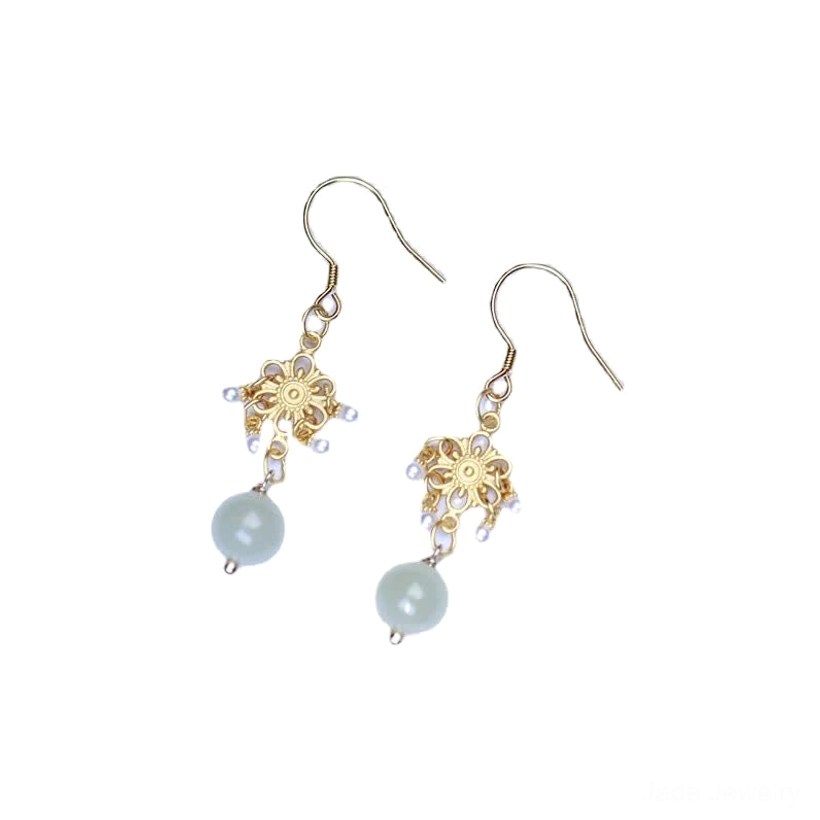 Pair of jade dangle earrings with gold ear hooks and intricate filigree flower charm displayed on pure white background
