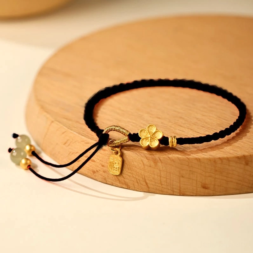 Black rope hetian jade fu peach blossom bracelet with adjustable cord and jade beads