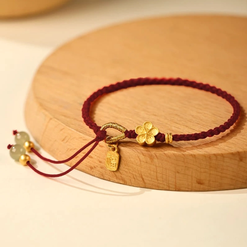 Dark red rope hetian jade fu peach blossom bracelet with protective fu character and jade bead accents