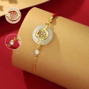 Close-up detail of Fu character charm and zirconia stone on Hetian jade peace buckle bracelet