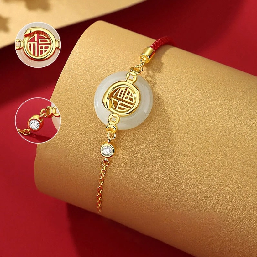 Close-up detail of Fu character charm and zirconia stone on Hetian jade peace buckle bracelet