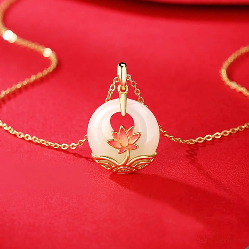 Lotus jade necklace flat lay with metal sample inset displaying 925 sterling silver quality and material authenticity