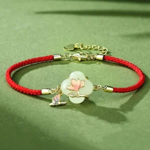Hetian jade magnolia butterfly bracelet with adjustable sterling silver chain and red protective string