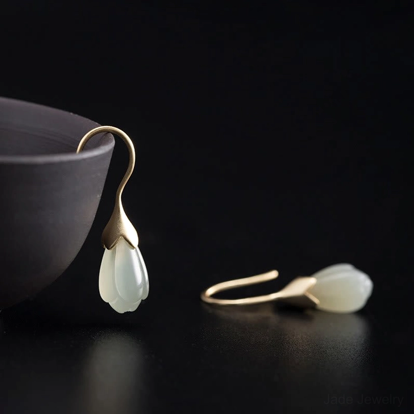 925 sterling silver hetian jade magnolia bud drop earring single close-up view premium nephrite