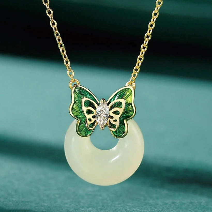 Hetian jade peace buckle necklace with butterfly pendant and adjustable chain - product shot