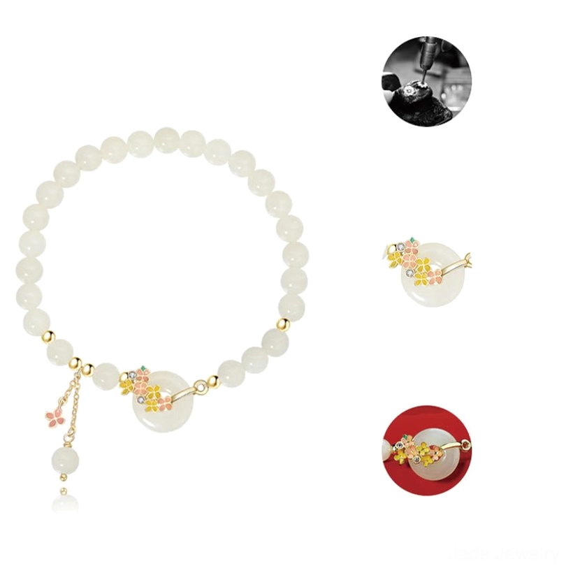 Hetian jade osmanthus bracelet multi-angle collage - detail shots and full overhead view