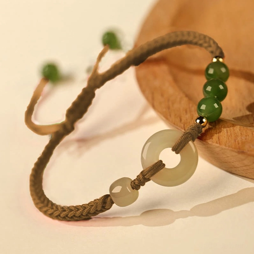 Brown rope Hetian jade peace buckle bracelet grounding energy variant with natural jade stone