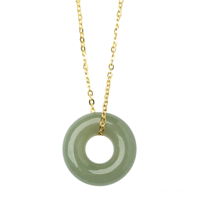 Hetian jade peace buckle necklace front-facing view highlighting green jade color and gold-plated chain quality on studio backdrop