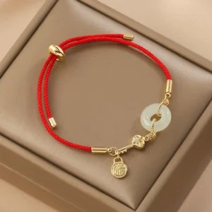 Hetian jade peace buckle red string bracelet with Fu character pendant and 18K gold plating in luxury gift box