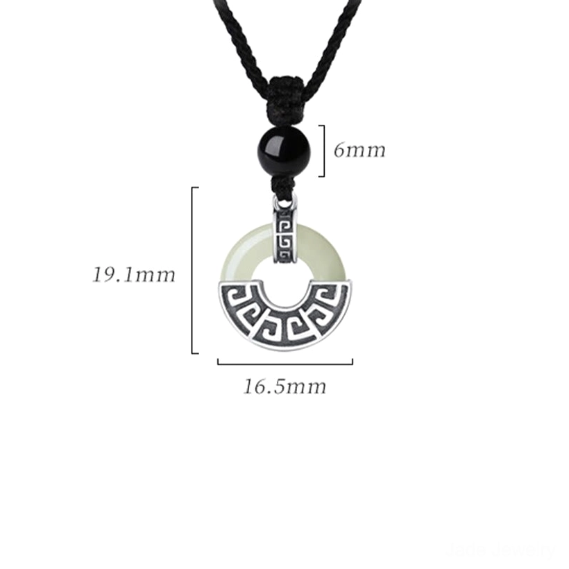 Hetian jade peace buckle silver necklace showing craftsmanship detail of sterling silver frame engraving and jade stone polish