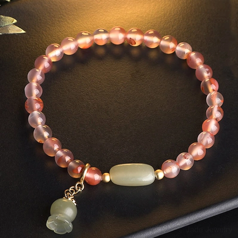 Hetian Jade mixed gemstone bracelet with red agate beads, jade barrel bead and jade flower pendant