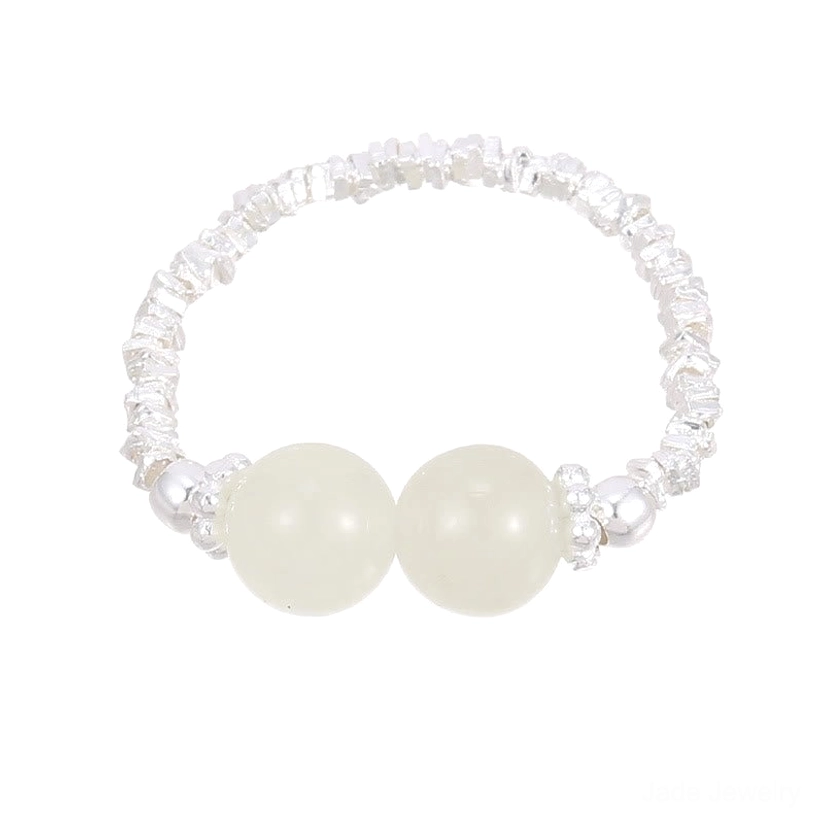 Adjustable jade beaded ring showing elastic string mechanism and comfort fit design