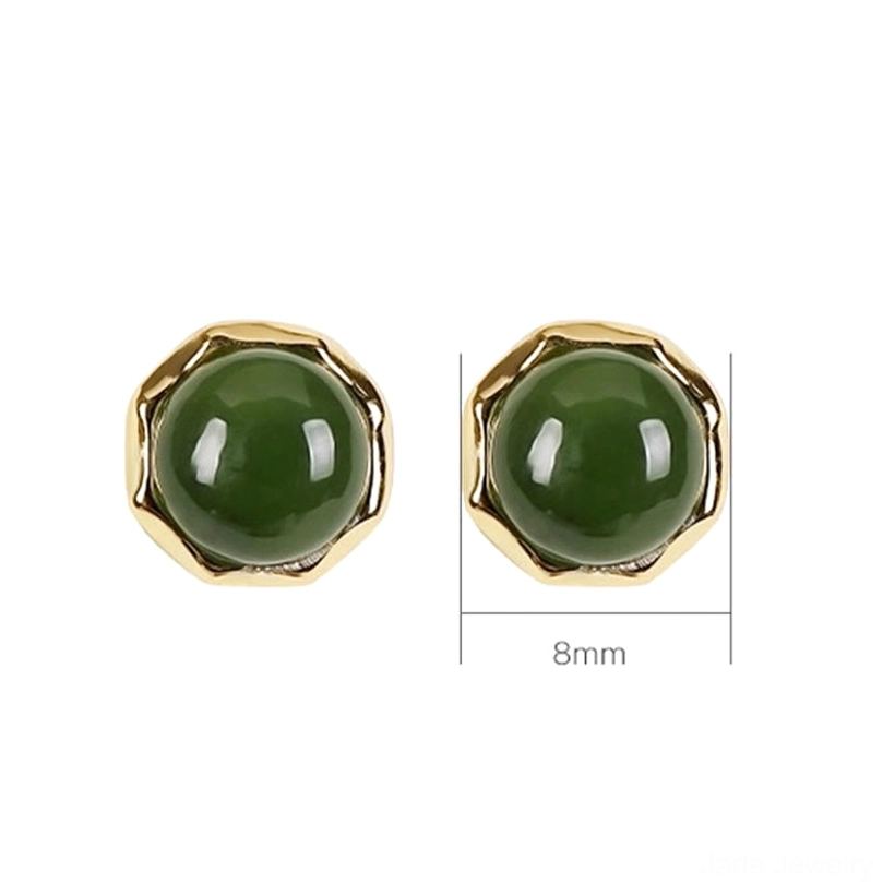 Pair of jade stud earrings on white background with 8mm jade bead size measurement marked for reference