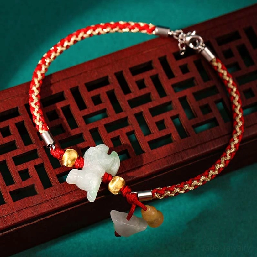 Horse zodiac jade anklet and bracelet with energetic dynamic red cord design