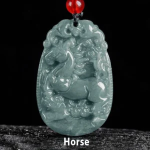 Chinese zodiac horse jade pendant with labeled Horse carving on dark stone background - necklace front display