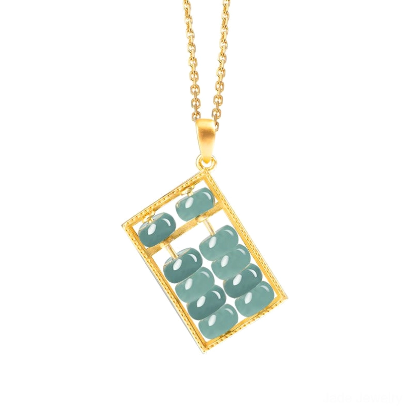 Gold-tone jade abacus necklace pendant with polished blue-green jade beads in classic abacus shape, front low-angle view