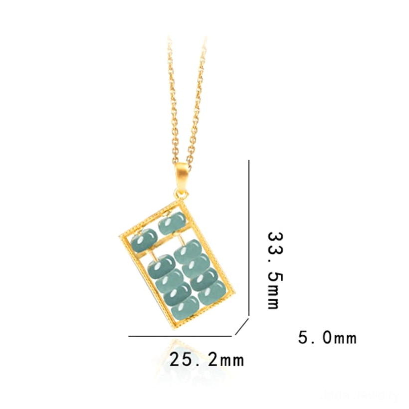 Gold-tone jade abacus necklace with dimension measurements and thin chain showing product size reference