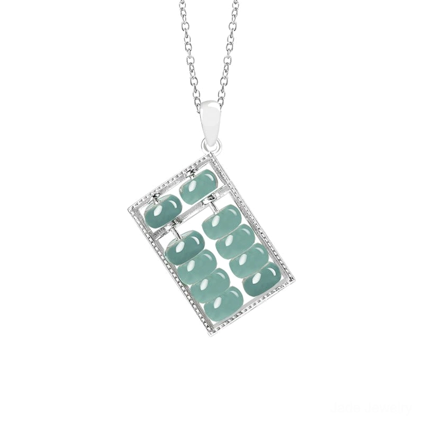 Silver-tone natural jade abacus necklace pendant with blue-green jade beads, front view showcasing alternative metal finish