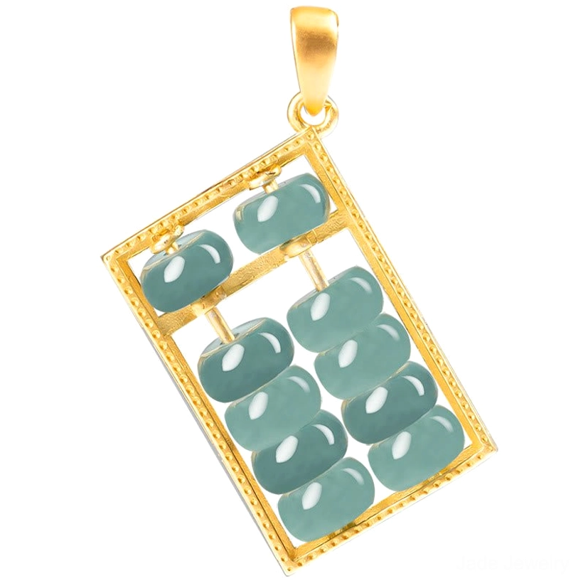 Close-up detailed view of gold-tone jade abacus pendant showing individual jade beads and metal frame structure