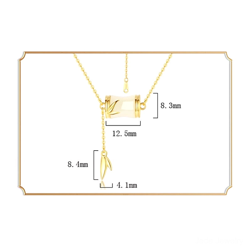 Technical specification diagram showing exact dimensions of Hetian jade bamboo pendant charm (12.5 × 8.3mm or 0.49" × 0.33") and leaf tassel (8.4 × 4.1mm or 0.33" × 0.16") for sizing comparison
