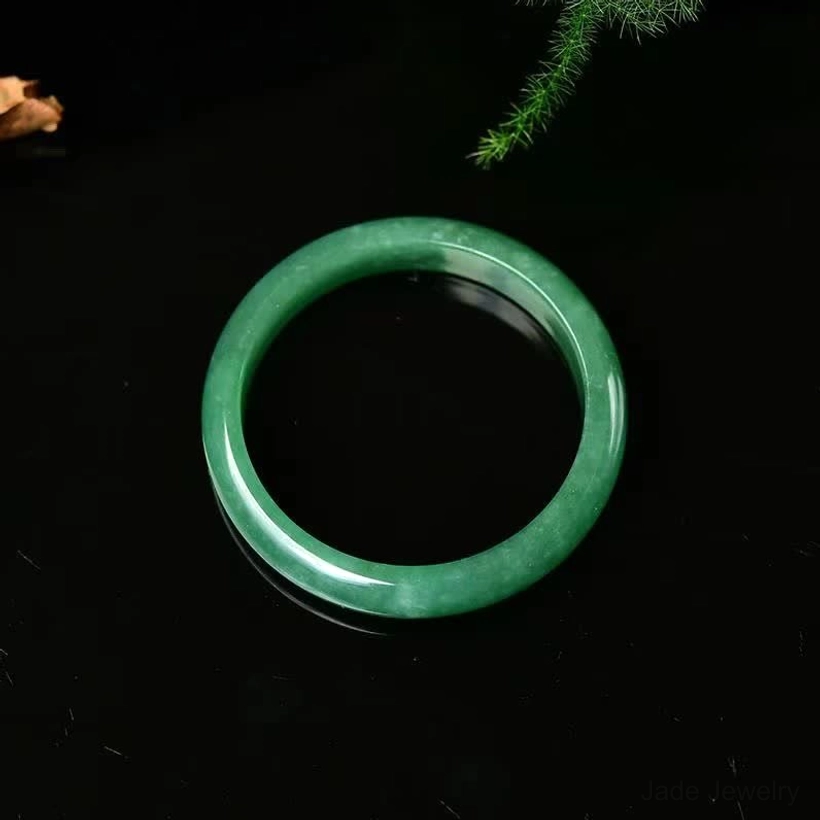 Deep forest green jade bangle bracelet photographed from front oblique angle with botanical backdrop, showcasing polished texture