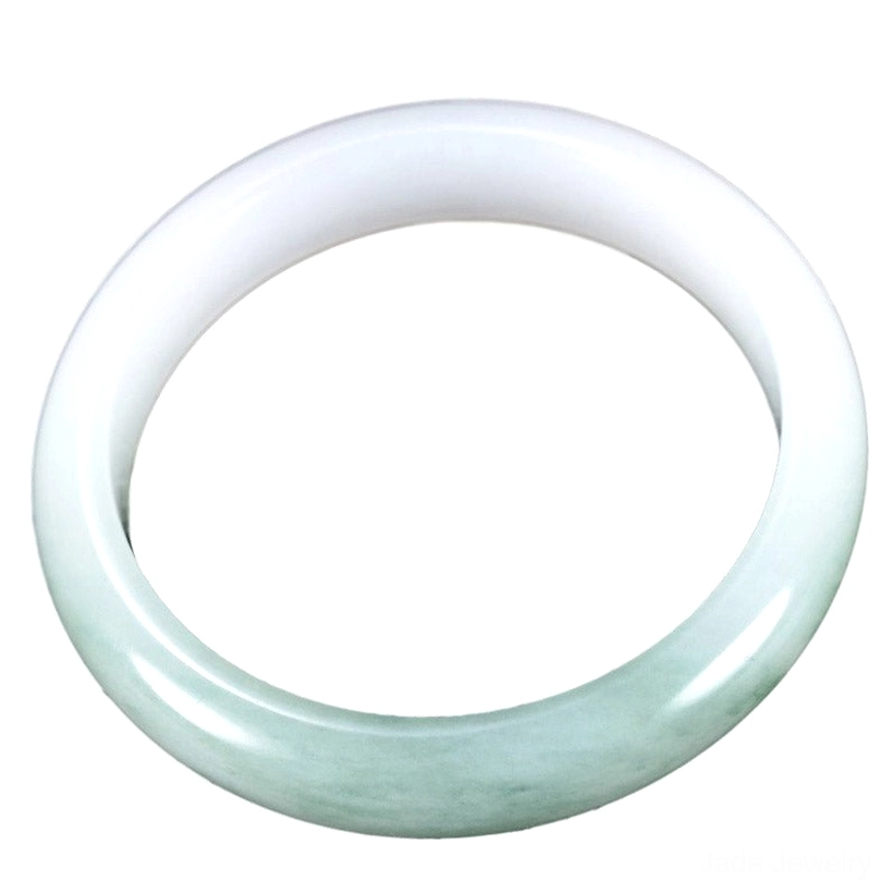 Single jade bangle bracelet direct overhead front view featuring white upper band with green lower section on clean white background