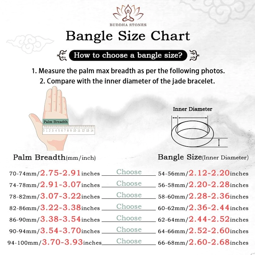 Jade bangle sizing guide chart with palm breadth measurement instructions and size reference diagram