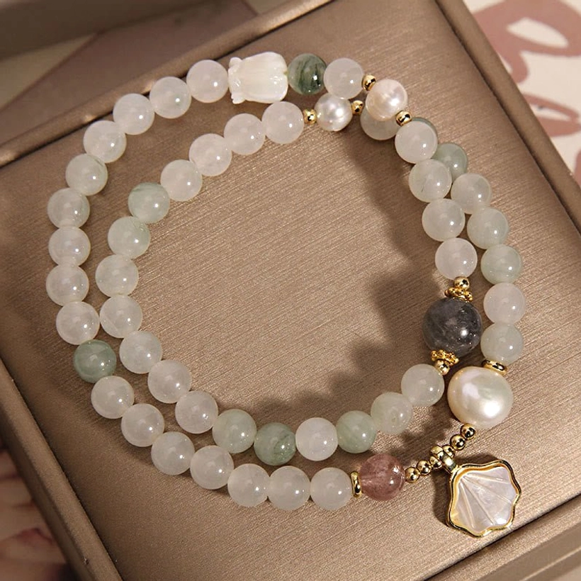 Double-layer jade and mixed gemstone bracelet with freshwater pearl and mother-of-pearl shell charm