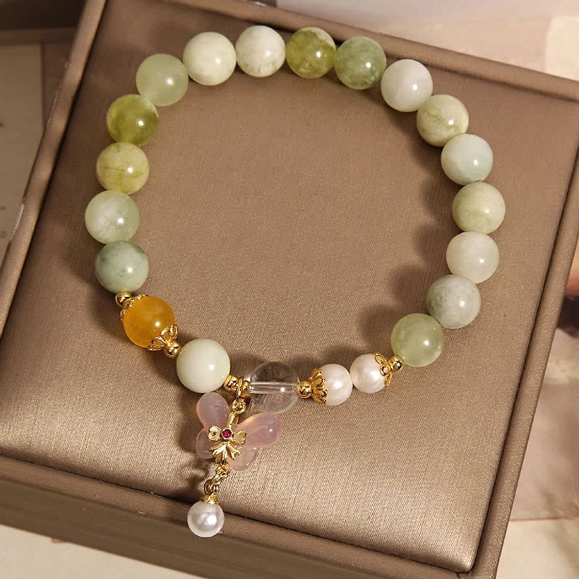 Muted green jade beads with complete butterfly charm and pearl drop in brown leather jewelry box