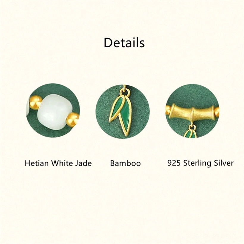 Bracelet component breakdown showing natural Hetian white jade, bamboo charm, and 925 sterling silver parts