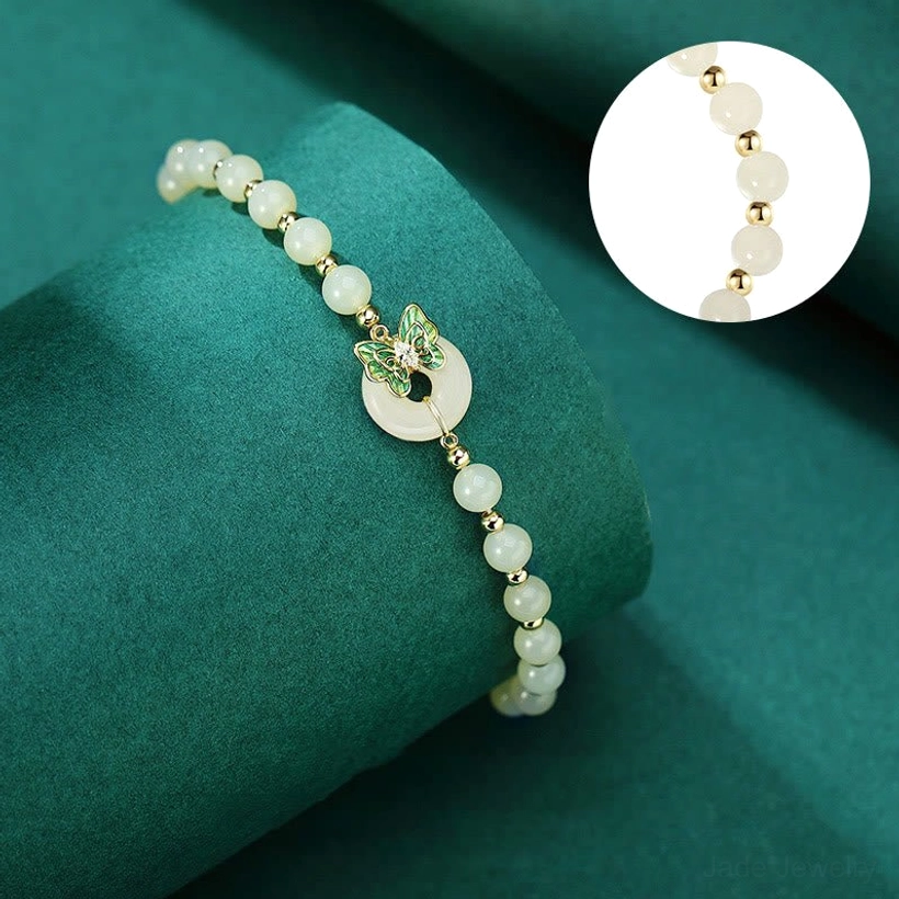 Jade peace buckle bracelet with elastic beaded chain and close-up inset showing bead spacer detail