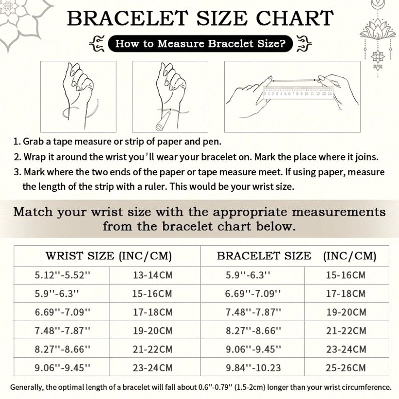 Jade bracelet sizing guide with wrist measurement chart and sizing instructions for proper fit