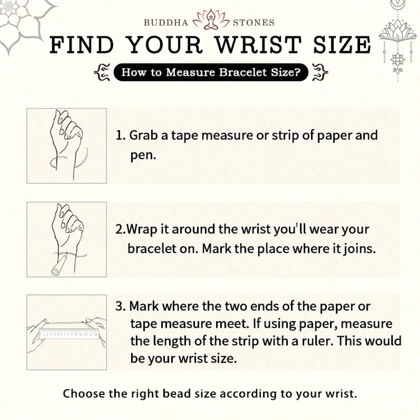 Jade bracelet wrist size measurement guide showing how to measure wrist circumference for proper fit