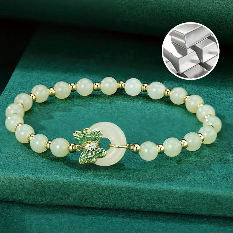 Hetian jade peace buckle bracelet flat lay with 925 sterling silver material sample close-up