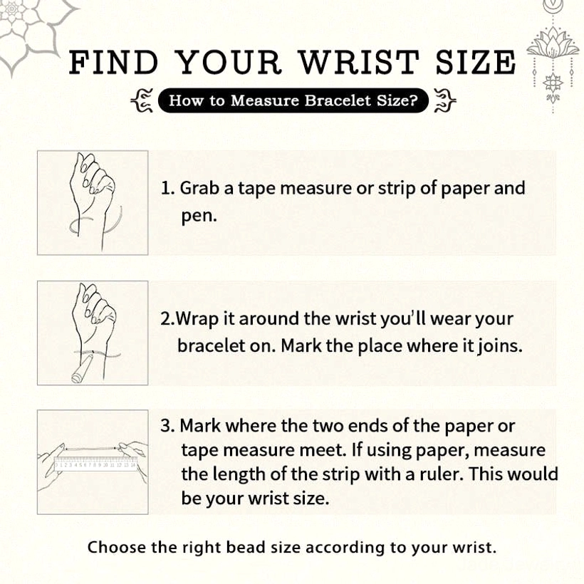 Jade bracelet wrist size measurement guide showing how to measure 14-15cm circumference with lotus decoration