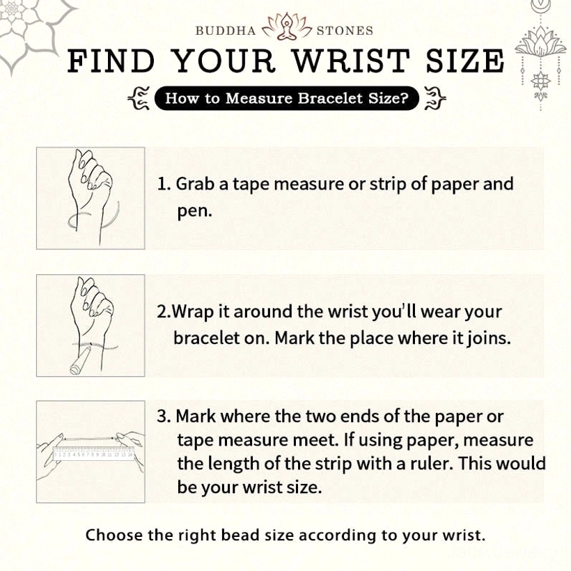 Wrist size measurement tutorial showing three-step guide for measuring proper wrist circumference for jade bracelet fit