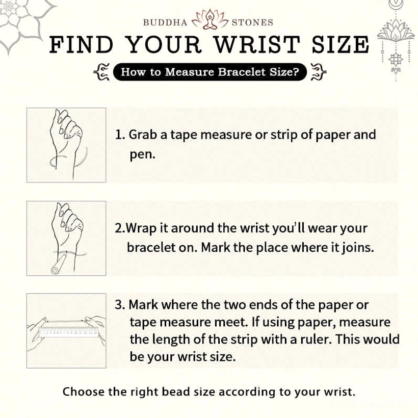 Wrist measurement guide for adjustable jade bracelet sizing, instructional flat lay showing how to measure wrist circumference