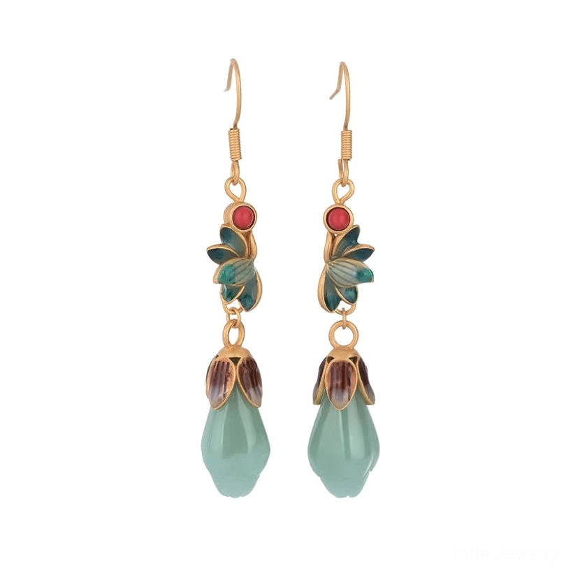 Minimalist jade bud drop earrings with dark teal enamel flower charms and light green natural jade on white background