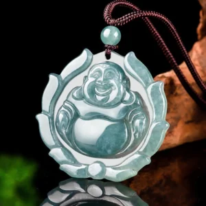 Jade Buddha pendant with brown cotton cord and jade bead detail showing smooth polished stone texture