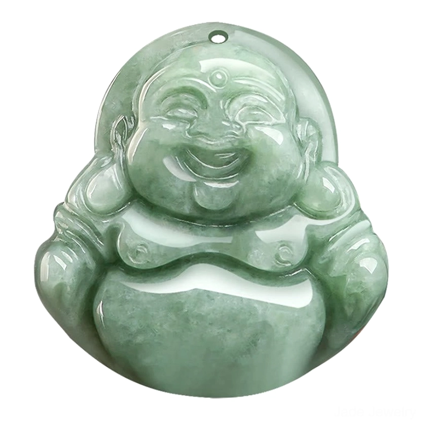 Close-up overhead view of jade Buddha pendant with dimension measurements 20.8mm height, 20.3mm width, 6mm depth labeled, polished texture detail visible