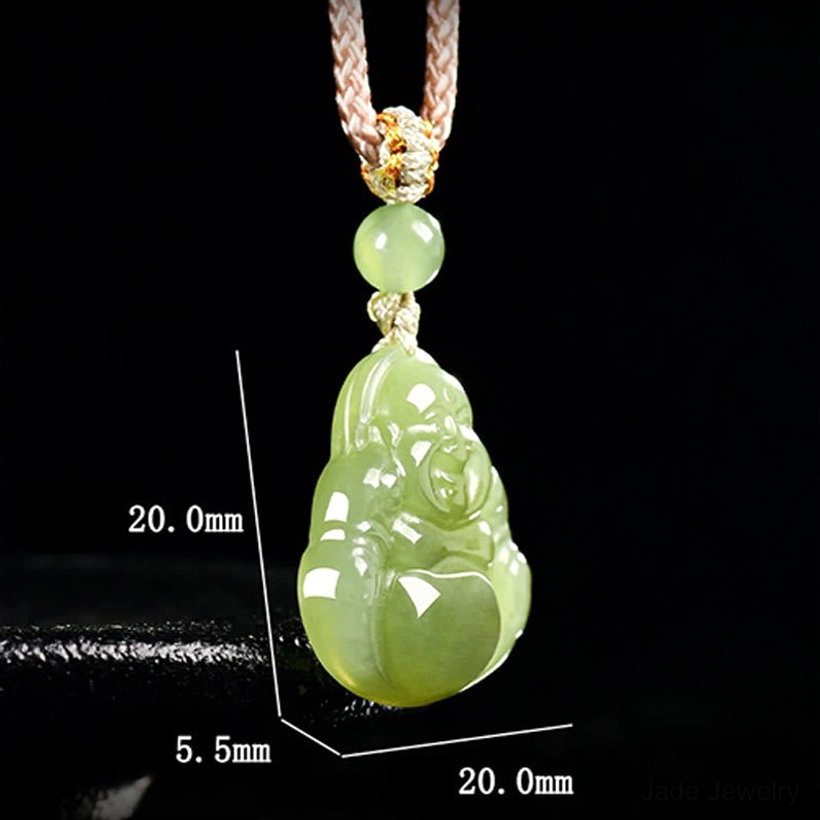 Jade Laughing Buddha pendant with size measurement 20mm by 5.5mm shown on reflective background