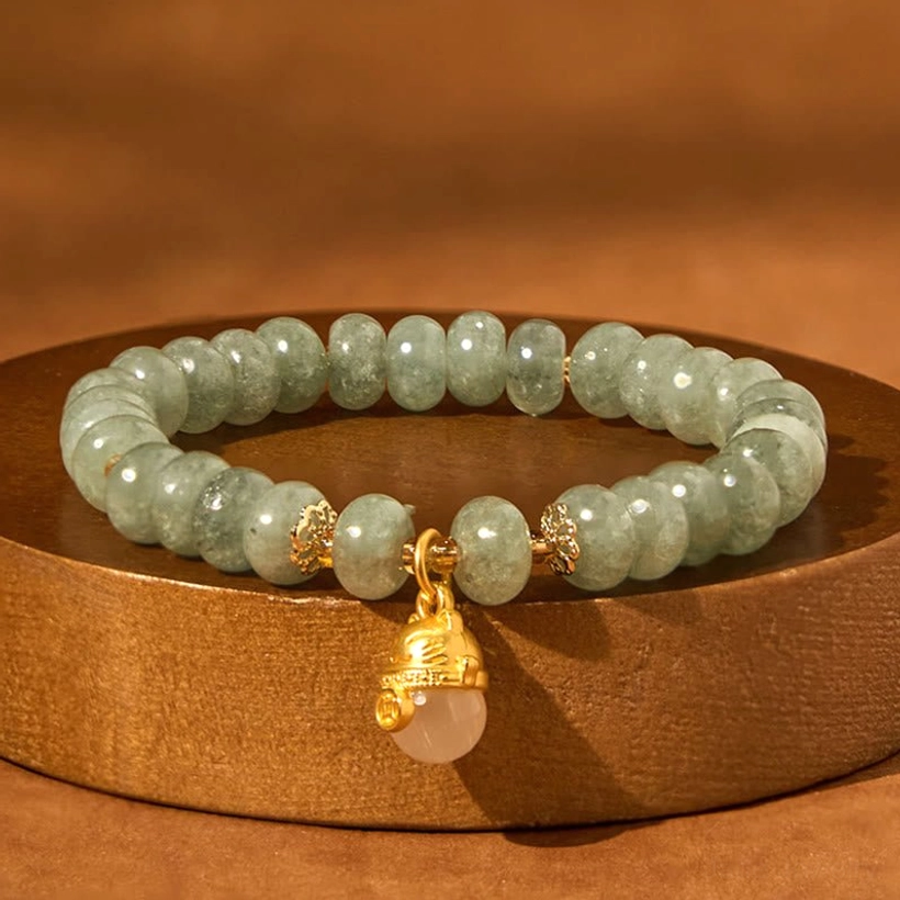 Jade Crystal Bracelet with Lucky Cat and White Accent Bead - Wooden Display Tray