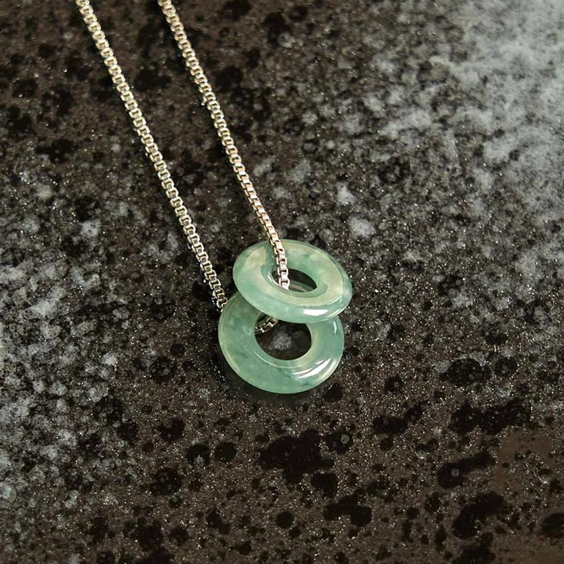 Handmade jade double peace buckle prosperity necklace, complete product with chain and pendant detail