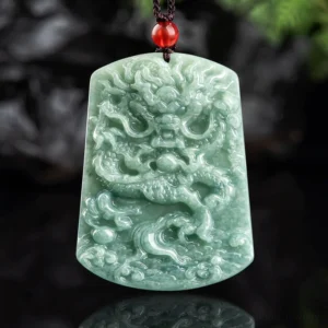 Natural jade Chinese zodiac dragon pendant necklace front view carved design light green jade
