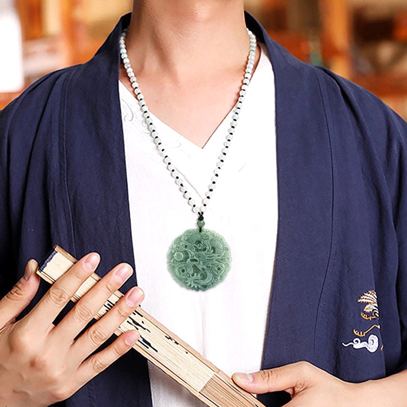 Jade dragon pendant necklace with size measurements - 50.5mm diameter and 6.2mm thickness specifications