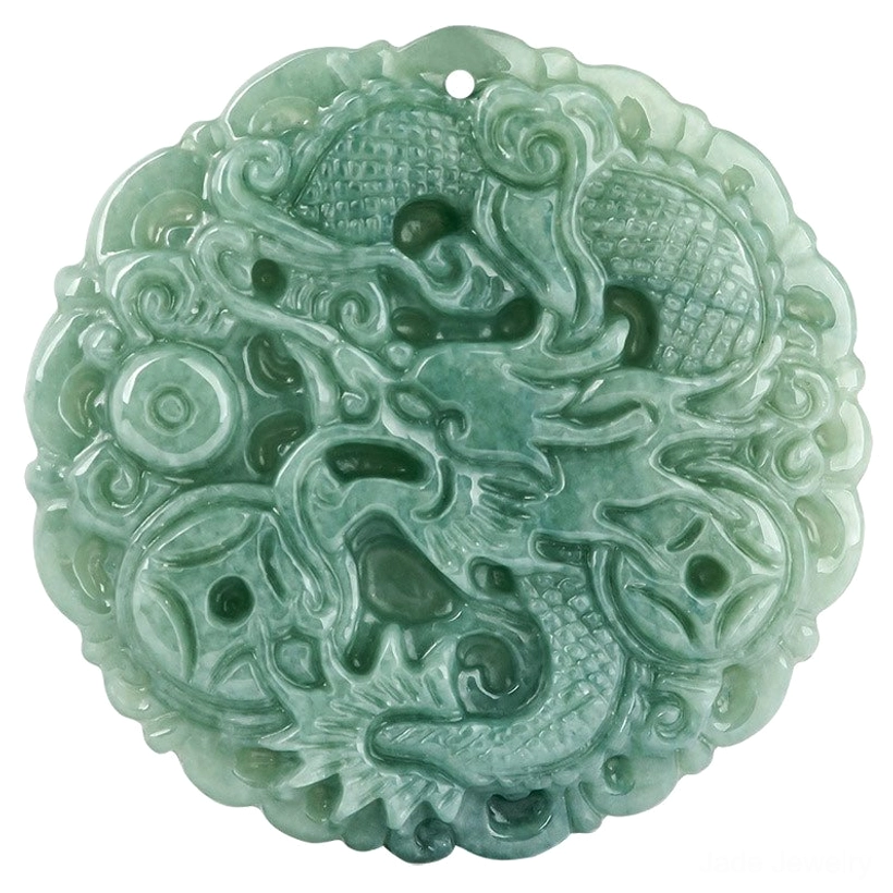 Ultra-detailed close-up of jade dragon pendant showing polished dragon head, cloud patterns and decorative motifs