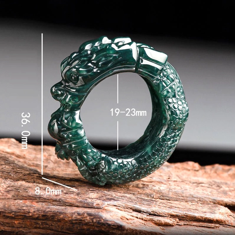 Side close-up view of cyan jade dragon ring with size markings showing 19-23mm inner diameter and detailed dragon carving