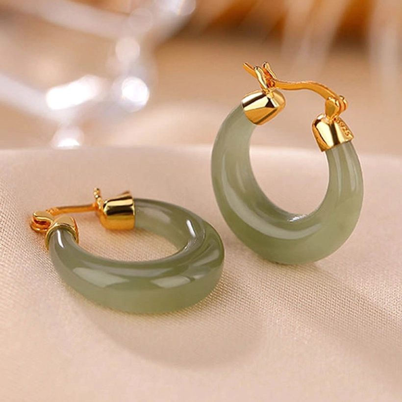Natural jade drop earrings packaging and presentation shot with gift-ready styling, highlighting luxury handmade artisan craftsmanship