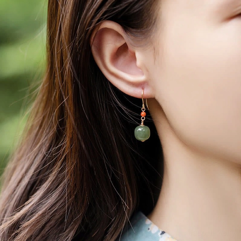 Jade drop earrings with red agate prosperity abundance protection meaning cultural jewelry